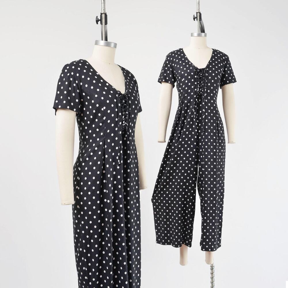 Vintage 90s Black & White Polka Dot Jumpsuit Lace Up Wide Leg Romper XS Small